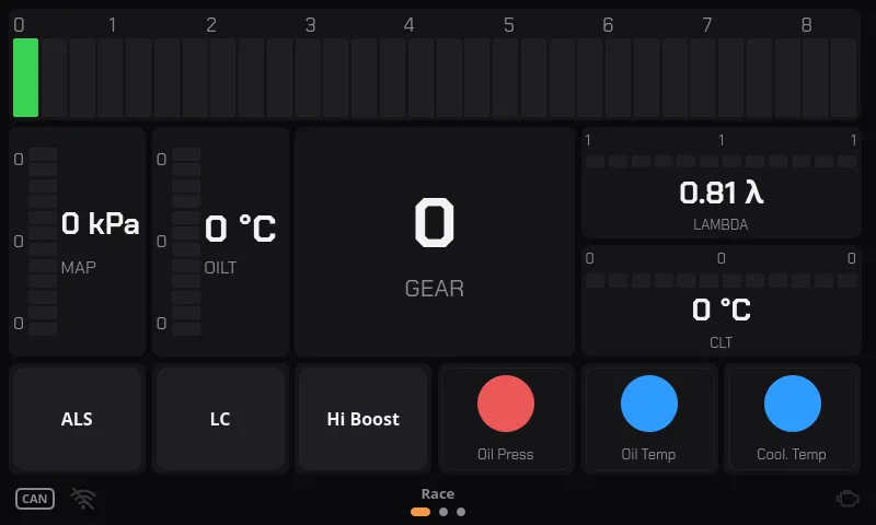 Screenshot der Overdrive-App: Race-Seite mit RPM-Leiste, Gang-Anzeige, Balken und Warnlampen